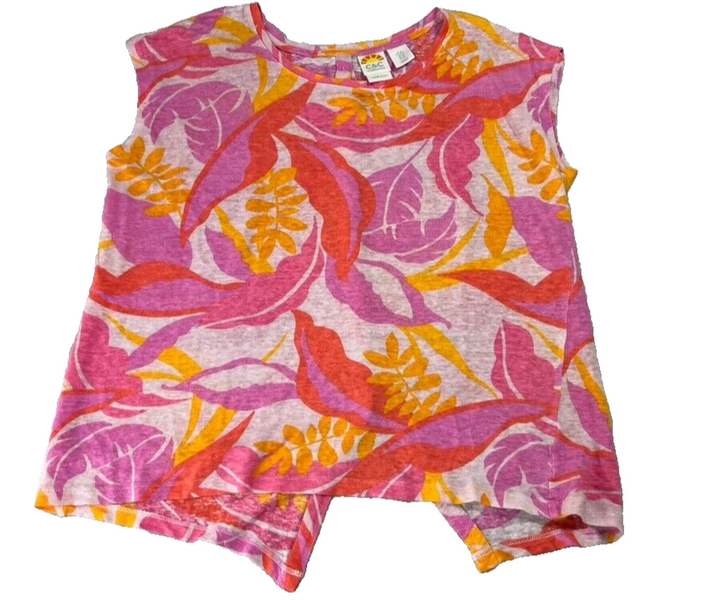 C C California T Shirt Tee Women's Size Medium Linen Colorful Print Button